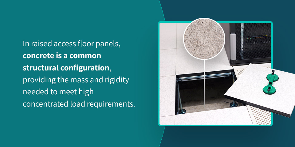 In raised access floor panels, concrete is a common structural configuration, providing the mass and rigidity needed to meet high concentrated load requirements.